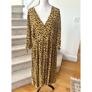 Eloquii Mustard Yellow & Black Animal Print Faux Wrap Midi Dress